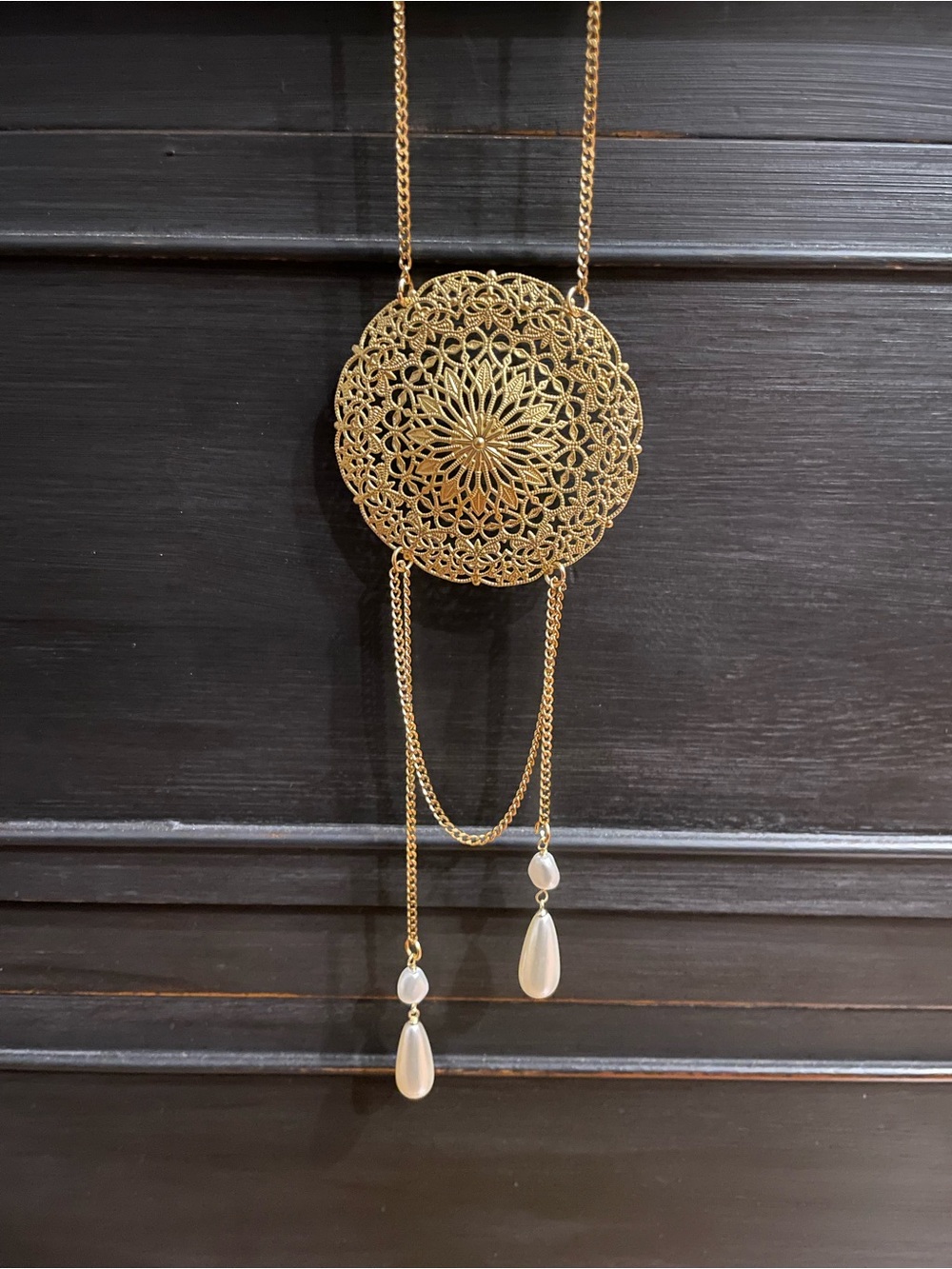 Gold Filigree Medallion Back Necklace with Pearl Drops - Women Jewelry